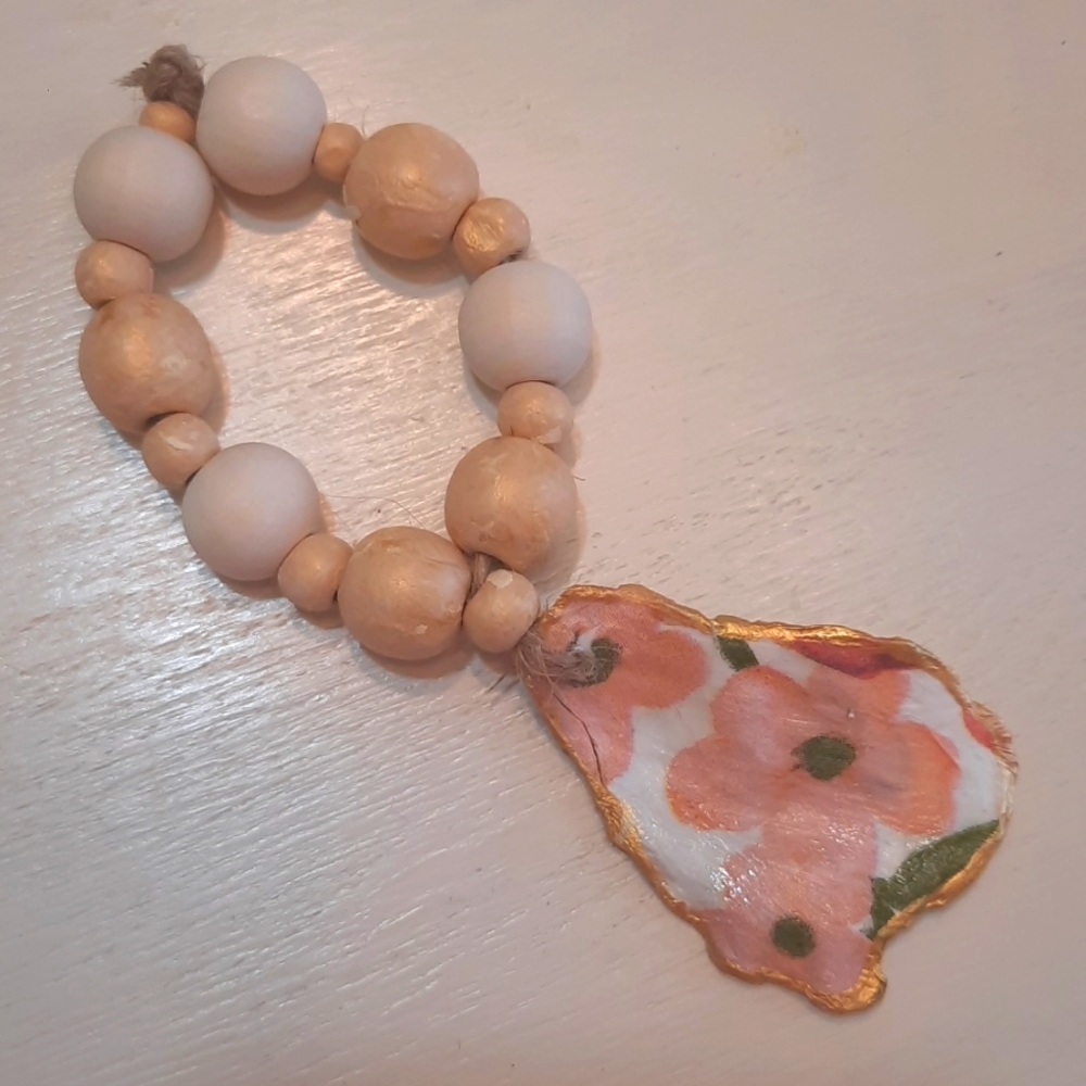 Floral Pink &  Gold Decoupage Oyster Shell Beaded Accents #965